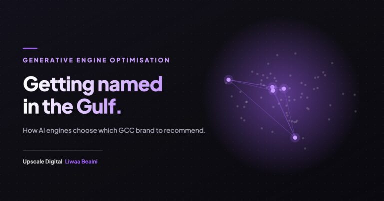 GEO in the GCC: How AI Engines Decide Which Gulf Brand to Recommend 3 Constellation of AI citation nodes, few lit, representing brand visibility in Gulf AI search
