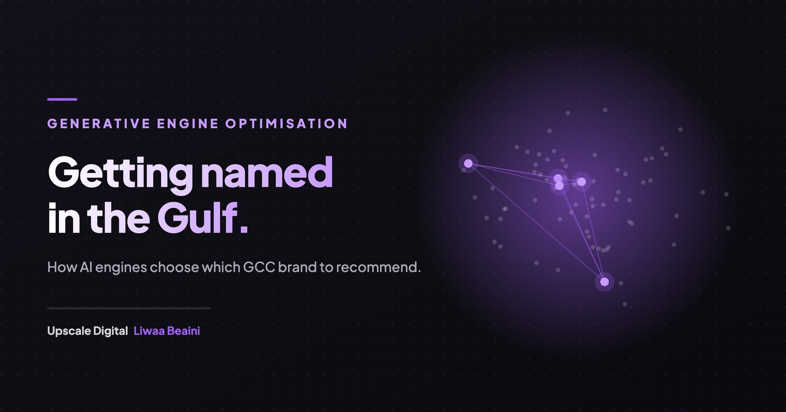 GEO in the GCC: How AI Engines Decide Which Gulf Brand to Recommend 1 Constellation of AI citation nodes, few lit, representing brand visibility in Gulf AI search